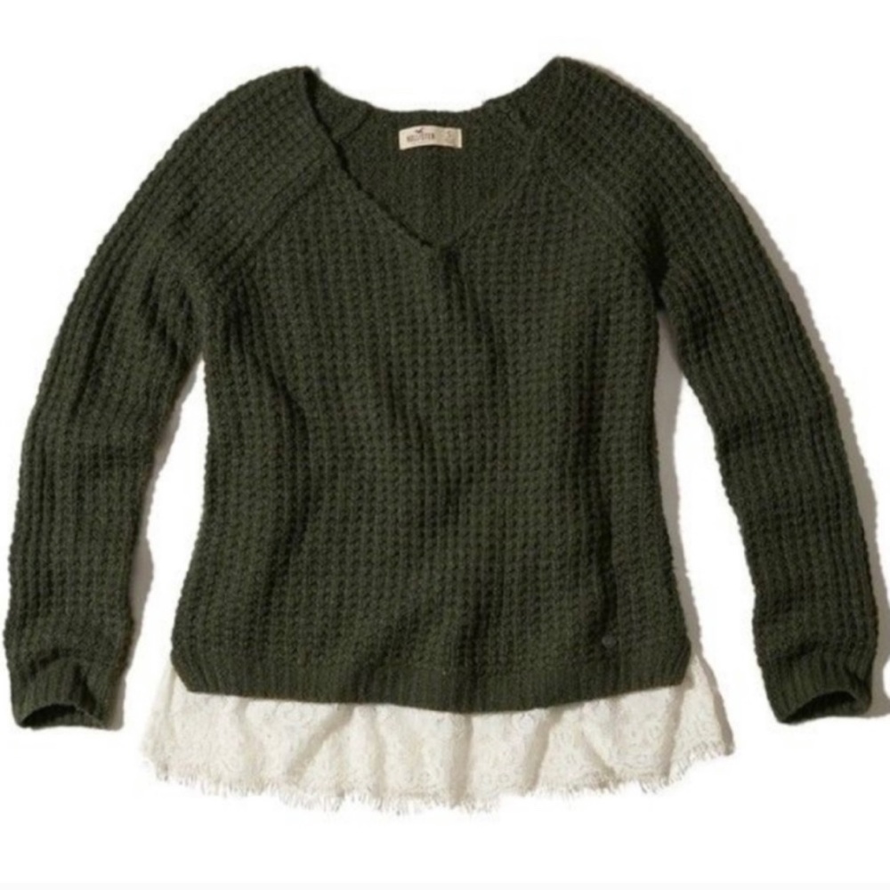 Hollister V-neck Sweater Lace Hem Green Size XS